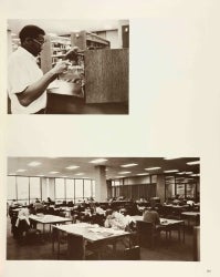 A page from the 1971 yearbook, showing one photographs of a student using the card catalog, another of students studying at tables in the reference area of Lauinger Library