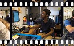 Film strip with photos of students working in the Maker Hub