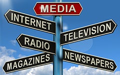 Street sign with different kinds of media (Media, Internet, Television, Radio, Magazines, Newspapers)