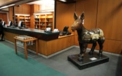 The sculpture Clever Donkey at the Circulation Desk in Lauinger Library