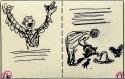 Storyboard sketches for The High-Flying Hat by Nanda and Lynd Ward, showing a person with their arms raised on the left, and someone watering the hat with a watering can on the right