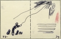 Storyboard sketches for The High-Flying Hat by Nanda and Lynd Ward, showing a two page spread of a person flying the hat on a string like a kite