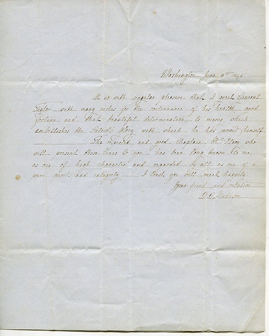 Letter from Dolley Madison to Gen. Zachary Taylor