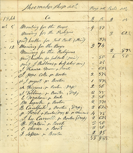 Page from Georgetown Shoe Shop ledger, 1844