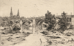 Print of an etching depicting Key Bridge and the Potomac River with Georgetown in the background.