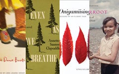 Collage of book covers of The Dance Boots, Even As We Breathe, Onigamiising, and Biterroot
