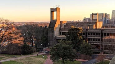 An aerial shot of Lauinger Library at sunset.