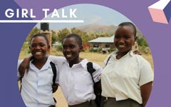 Three girls in school uniforms from a brochure with the words Girl Talk above them.
