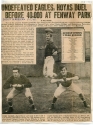 a newspaper clipping of an article with the headline "undefeated eagles, hoyas duel before 40,000 at fenway park." the clipping features typewritten text and a photograph of the football game.