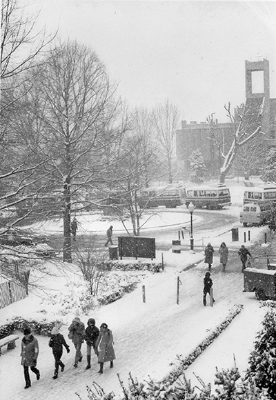 Heading to class in the snow, ca. 1977