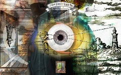 A View from The Inside Out, a diagram of a man using a camera obscura with a giant eyeball where the lens would be