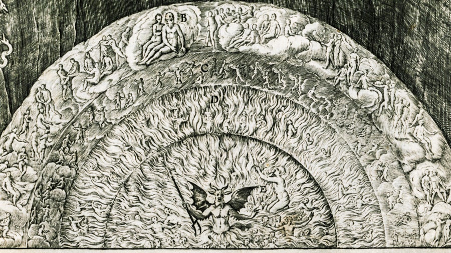 Engraving of Hell from Nadal, Gerónimo, Wierix, Antonie, Wierix, Jeronimus, Wierix, Jan, Collaert, Adriaen, Collaert, Jan, Mallery, Carel van, et al. Adnotationes et meditationes in Euangelia quae in sacrosancto Missae sacrificio toto anno leguntur : cum Euangeliorum concordantia historiae integritati sufficienti : accessit & index historiam ipsam Euangelicam in ordinem temporis vitae Christi distribuens 2. ed. Antuerpiae: Excudebat Martinus Nutius, 1595.