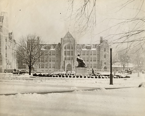 Campus blanketed with snow, 1943