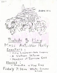Black and white pre May Day meeting flyer