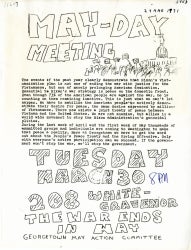 Black and white May Day organizational meeting flyer