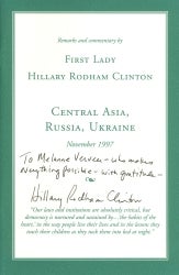 Clinton Speech Commemorative Booklet cover, Central Asia, Russia, Ukraine, signed and inscribed by Clinton to Verveer