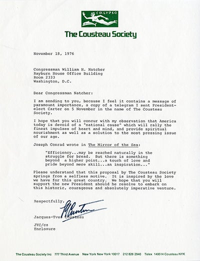 Cousteau Letter to Natcher