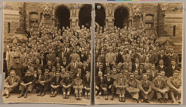 photograph of students in front of Healy Hall before conservation treatment