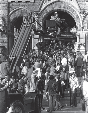 Filming a crowd scene for The Exorcist