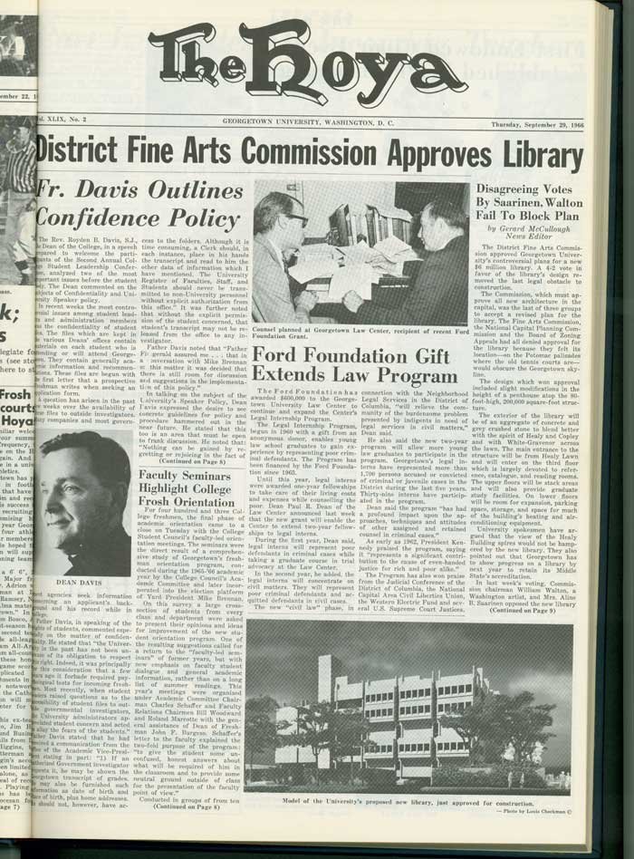 An issue of The Hoya, with the headline: District Fine Arts Commission Approves Library