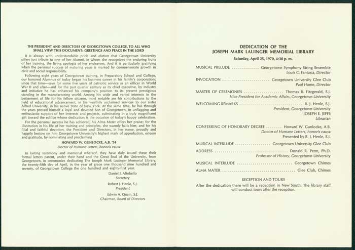 Program from the dedication of the Joseph Mark Lauinger Memorial Library