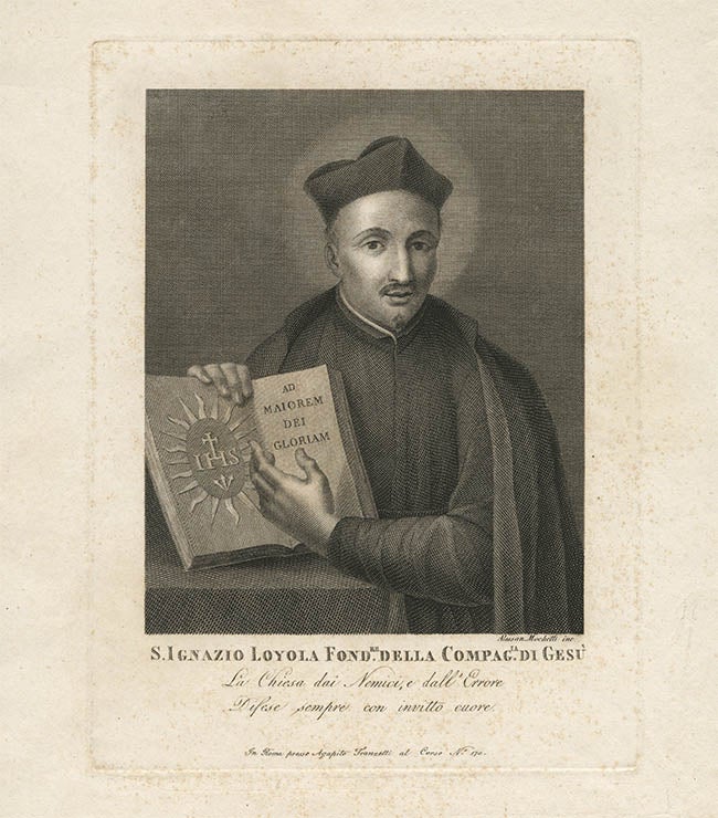 engraving of Ignatius Loyola in vestment robes holding an open book after conservation treatment