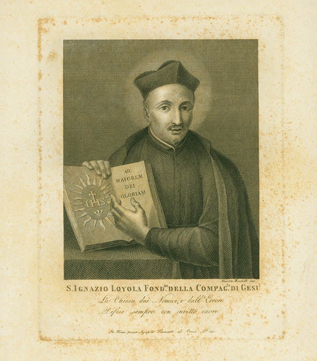 engraving covered in brown stains showing Ignatius Loyola in vestment robes holding an open book before conservation treatment