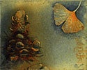 Color etching of a banksia flower and gingko tree leaf