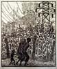 The woodcut Land of plenty, showing a family walking down a road, with a fence and a field of corn behind them, and large electical transmission towers looming over the whole scene