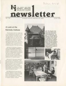 A yellowed, black and white newsletter page with the headline "K.I. Newsletter" in large font at the top. It contains four paragraphs of writing and photographs of a building with a gate, a man in a white lab coat touching a machine, and individuals sitting at a table and reading.