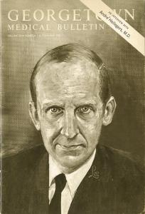 A portrait of a man in a suit is shown on a magazine cover entitled "Georgetown Medical Bulletin."