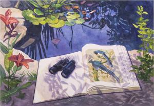 Print of an open book with binoculars and an illustration of birds in front of a pond.