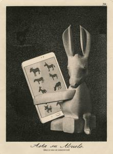 Colorless image of a rabbit figure sitting and holding a phone with silhouettes of different animals on the screen.