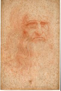 Red drawing of the face of an elderly man with long hair and a long beard on faded paper.