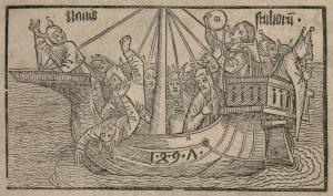 Woodcut of a boat full of sickly people.