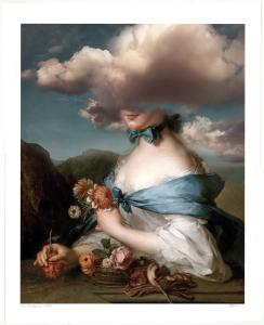 Portrait of a woman with a blue shawl holding flowers and with a cloud covering her head.