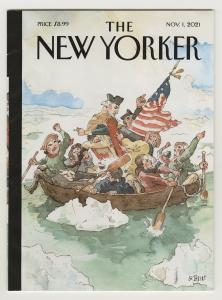 Watercolor of people in a rowboat in an icy river. They are angry and fighting with their captain who is standing on top of them and looking at the American flag in the boat.