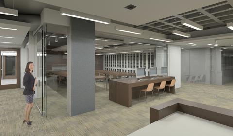 Architect's rendering of the reading room from the reception area.
