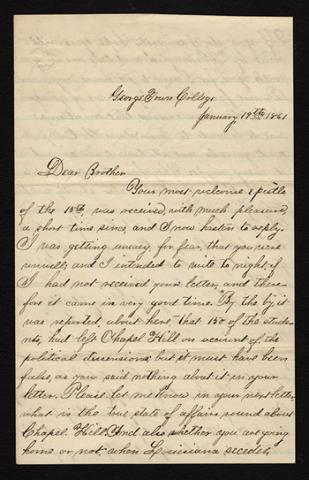 1861 letter from Georgetown College student Isaiah Garrett, Jr., to his brother in Louisiana.