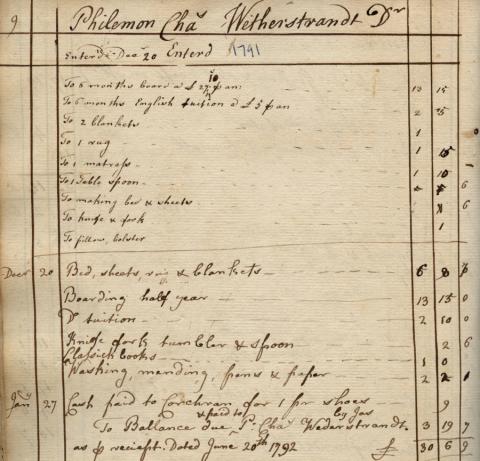 Georgetown College Financial Ledger A, showing Wederstrandt account for 1791-1792