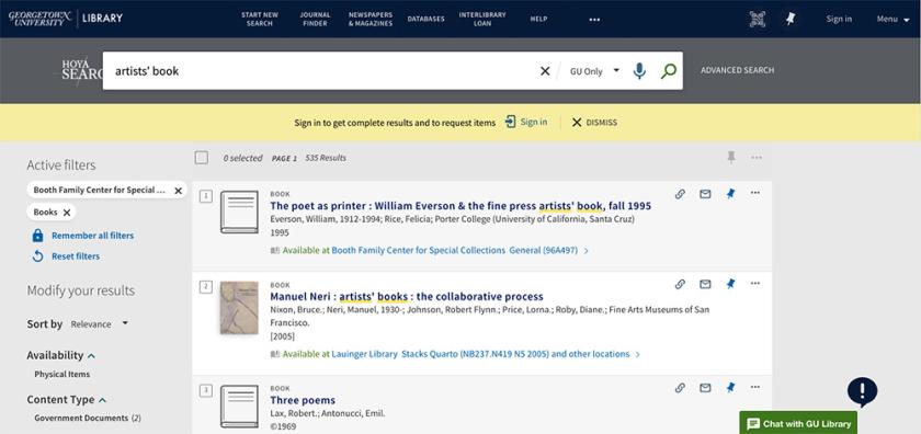 Screenshot of the Library catalog with search filters