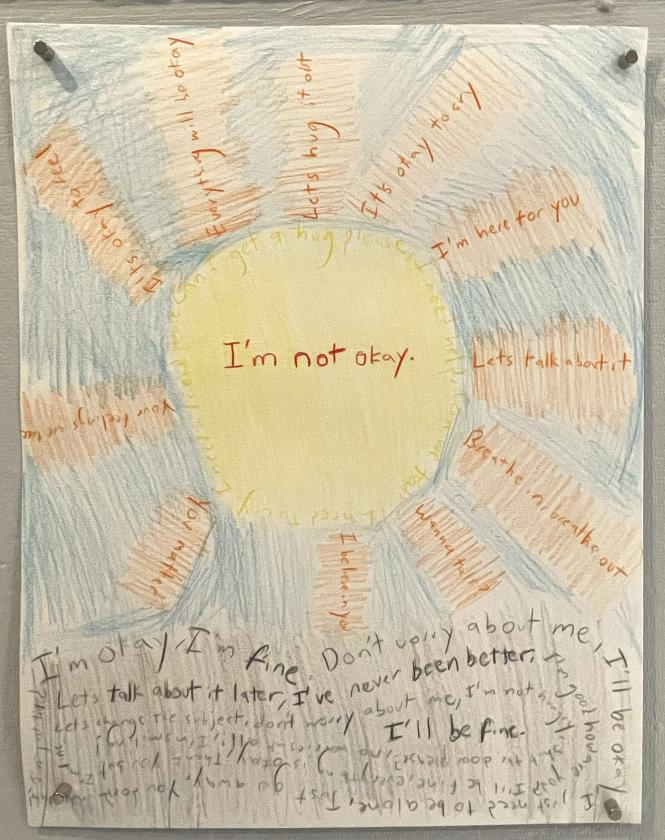 a hand drawn poster in colored pencil showing a sun made of text above a cloud also of text