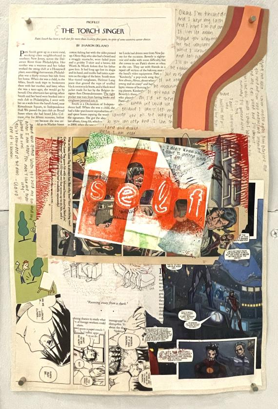 a poster made from clippings of newspapers, comics, photos, and construction paper
