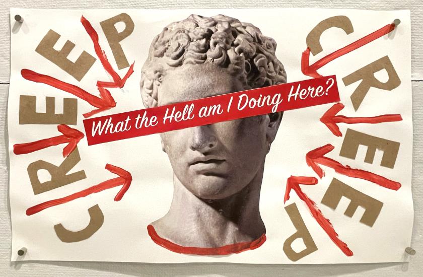 a poster of a marble roman bust with the word "creep" surrounding it