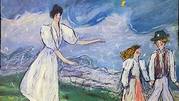 A painting of a woman in a white dress following two children on a grassy hill