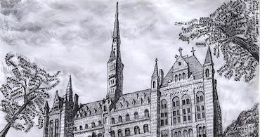 Black and white pencil drawing of Healy Hall at Georgetown University.