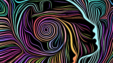 Swirling multi-colored lines depicting an abstract human head profile