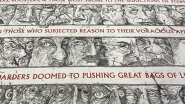A close-up of a page from the Hellmap Atlas, depicting drawn faces in various states of anguish in black and white.