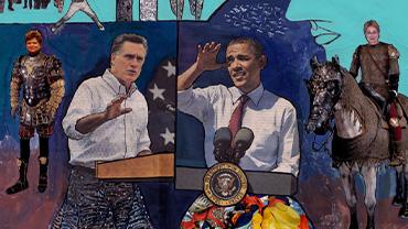 A collage depicting Mitt Romney and Barack Obama wearing skirts among other gender-swapped imagery.