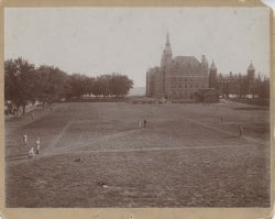Black and white photograph of baseball game, College Field, 1900